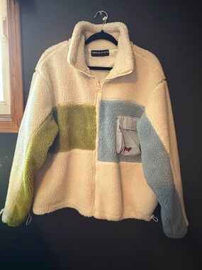 Cream Teddy Jacket with Green & Light Blue Panels